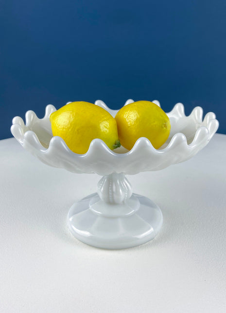 Small Milk Glass Footed Fruit or Candy Bowl with Scalloped Edge. Home Dining Room Kitchen Decor. White Serving Dish. Collectible Milk Glass.