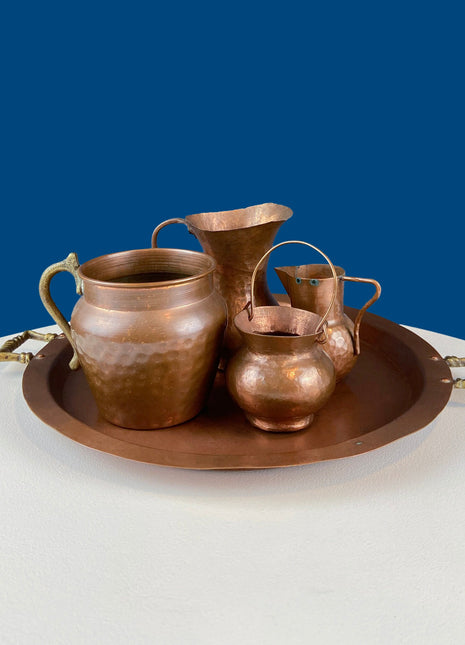 Collection of Vintage Copper Vases & Tray with Brass Handles. Set of 4 Small Hand Pounded Containers. Rustic Home Cabin Decor. Styling Ideas