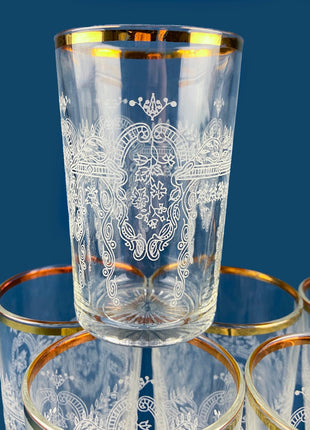 Turkish Cut Crystal Tea Cups & Saucers. Tulip Shaped with Silver Bands. Set of 6. Dining Room Decor. Wedding Registry. Gift for Him Her.