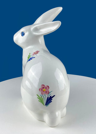 Easter Porcelain Bunny Figurine. Large Bunny Hand Painted with Flowers. Collectible Bunny Made in Portugal. Blue Eyed Bunny Statue.