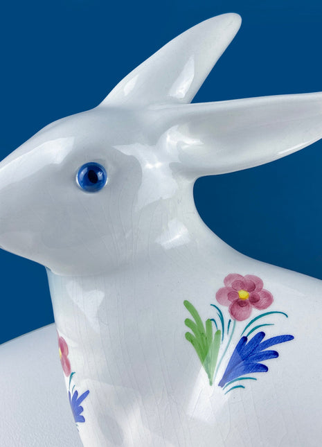 Easter Porcelain Bunny Figurine. Large Bunny Hand Painted with Flowers. Collectible Bunny Made in Portugal. Blue Eyed Bunny Statue.