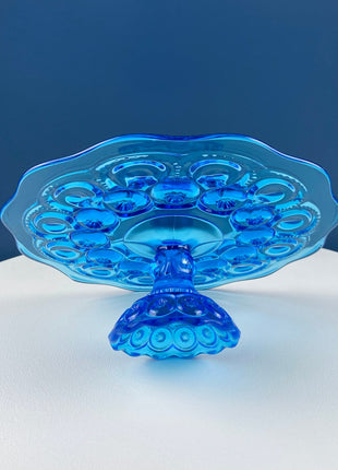 Vintage Aqua Blue Glass Footed Serving Bowl. LE Smith Moon and Stars Glass Bowl with Scalloped Edge. Fruit Bowl. Dining Room Decor.