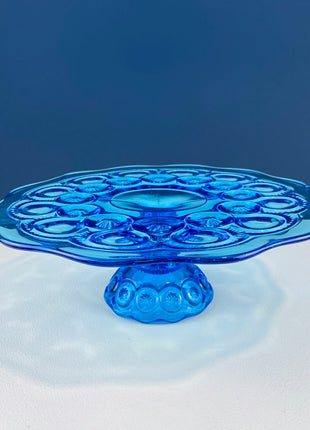 Vintage Aqua Blue Glass Footed Serving Bowl. LE Smith Moon and Stars Glass Bowl with Scalloped Edge. Fruit Bowl. Dining Room Decor.