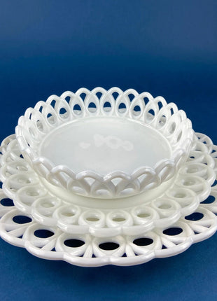 Vintage Milk Glass Serving Bowl with Fluted Sides and Reticulated Edge. White Dish with Lacey Edge. Home Kitchen Dining Table Decor.