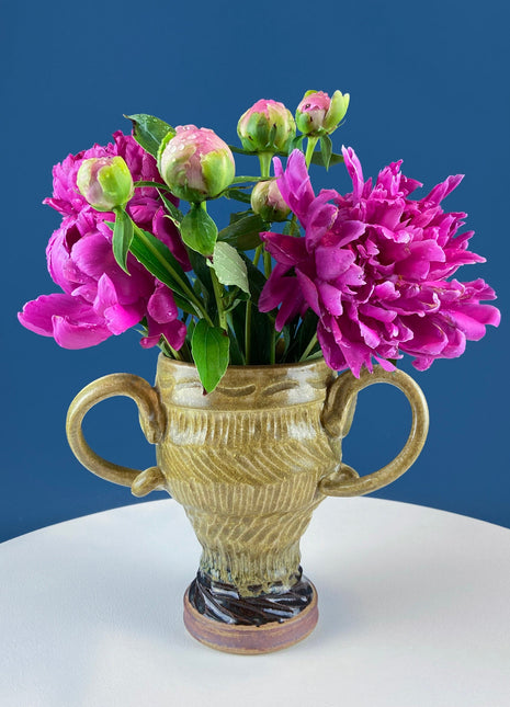 Clay Pot with Large Ears. Rustic Hand Made Flower Vase. Rustic Home Cabin Decor. Modern Farmhouse. Florist Supplies. Beautiful Olive Color.