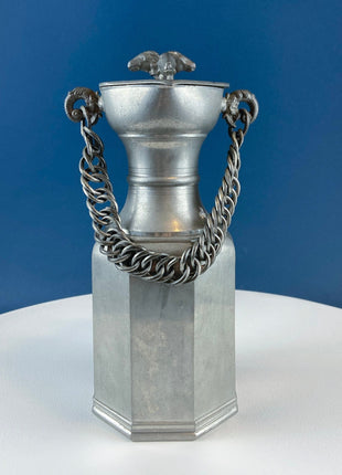 Pewter Jug with Ram Details & Chain. Swiss Aarau Hand Made Tankard Pitcher Vase. For Dry or Live Flowers. Rustic Home Display. Gift for Dad.