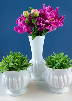 Milk Glass Wheat Design Vase and Planters. Set of Three Differently Shaped Vases. White Herb Planters. Home Decor. Window Sill Garden.