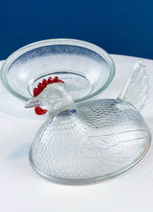 Vintage Clear Glass Butter Dish Shaped like Hen Sitting on Nest. Clear Glass Storage Jar with Lid. Bird with Red Comb. Dining Room Decor.