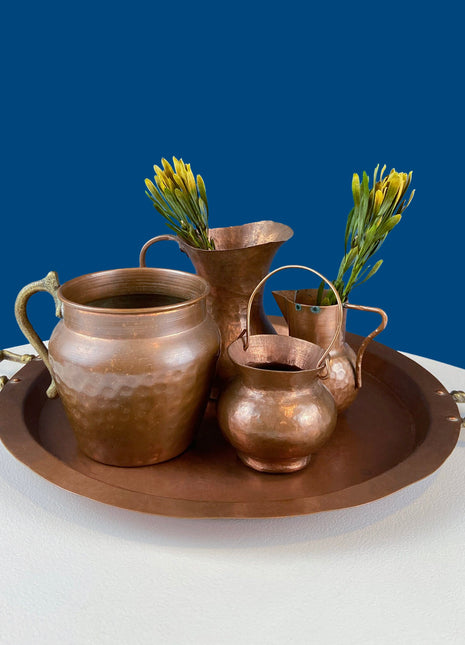 Collection of Vintage Copper Vases & Tray with Brass Handles. Set of 4 Small Hand Pounded Containers. Rustic Home Cabin Decor. Styling Ideas