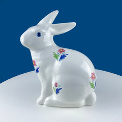 Easter Porcelain Bunny Figurine. Large Bunny Hand Painted with Flowers. Collectible Bunny Made in Portugal. Blue Eyed Bunny Statue.