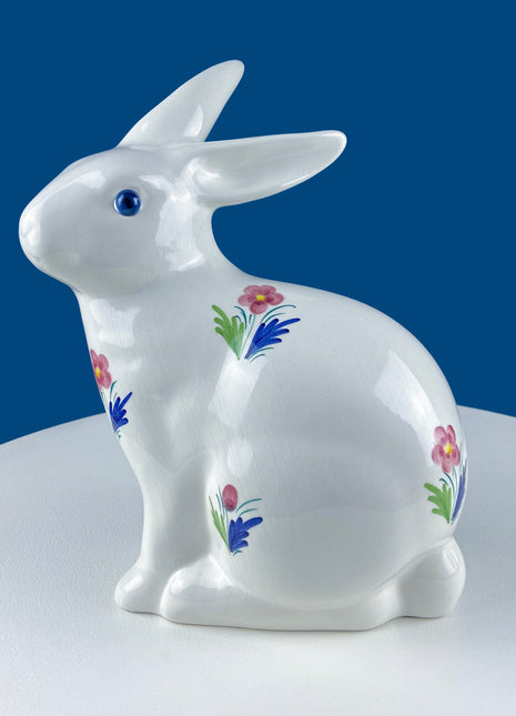 Easter Porcelain Bunny Figurine. Large Bunny Hand Painted with Flowers. Collectible Bunny Made in Portugal. Blue Eyed Bunny Statue.
