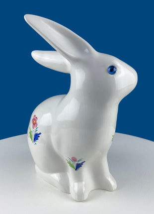 Easter Porcelain Bunny Figurine. Large Bunny Hand Painted with Flowers. Collectible Bunny Made in Portugal. Blue Eyed Bunny Statue.