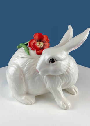 Easter Porcelain Bunny Figurine. Large Bunny Hand Painted with Flowers. Collectible Bunny Made in Portugal. Blue Eyed Bunny Statue.
