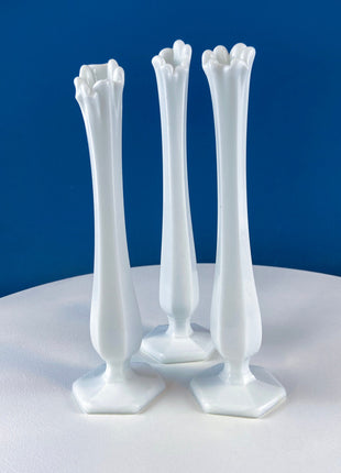 Westmoreland Milk Glass Vases. Set of Three Flutes of Varying Sizes. White Home Decor. Florist Supplies. Wedding Decor. Collectible Vases.