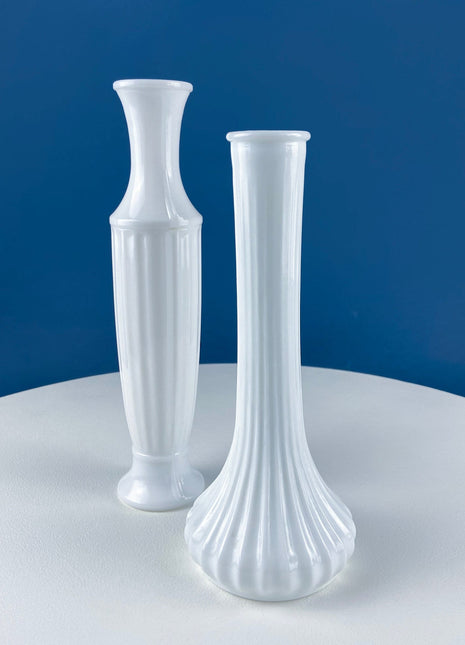 Collection of White Milk Glass Vases with Different Designs. Set of Five in Varying Shapes & Sizes. Contemporary Cottage or Modern Farmhouse