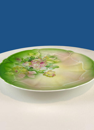 Antique 12" Serving or Decorative Plate. Hand Painted Pink Roses. Dining Room Wall Decor or Collectible Display. Wedding Registry Gift.