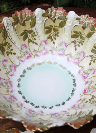 Antique Austrian Hand Painted Porcelain Serving Bowl with Matching Salad Dessert Bowls. Rose Motif Ornate Scalloped Edge. Dining Room Decor.