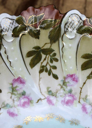 Antique Austrian Hand Painted Porcelain Serving Bowl with Matching Salad Dessert Bowls. Rose Motif Ornate Scalloped Edge. Dining Room Decor.