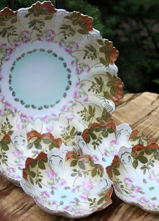 Antique Austrian Hand Painted Porcelain Serving Bowl with Matching Salad Dessert Bowls. Rose Motif Ornate Scalloped Edge. Dining Room Decor.