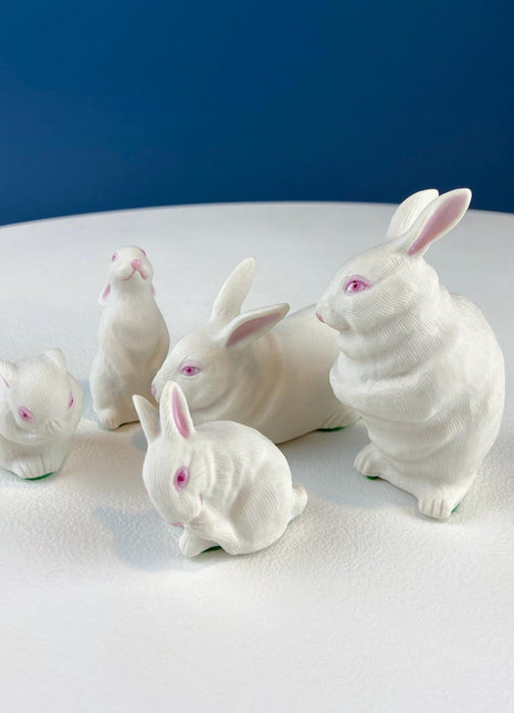 Family of White Porcelain Bunnies with Pink Ears & Eyes. 5 Small Figurines. Home Kids Room Decor. Easter Display. Gift for Him or Her.