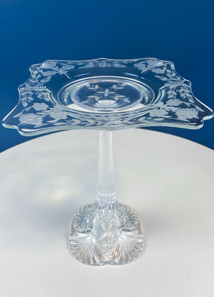 Vintage Etched Glass Compote. Floral & Geometric Design. Crystal Footed Serving Dish for Candy, Cupcakes, Nuts, or Fruit. Dining Room Decor.