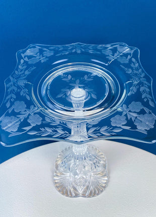 Vintage Etched Glass Compote. Floral & Geometric Design. Crystal Footed Serving Dish for Candy, Cupcakes, Nuts, or Fruit. Dining Room Decor.