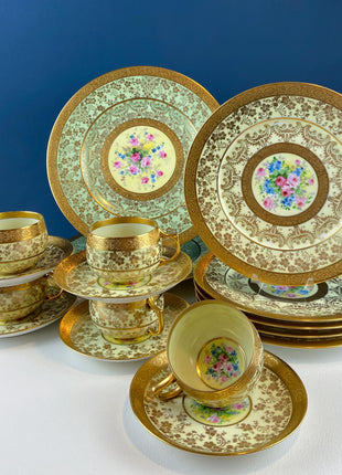 Antique Hutschenreuther Porcelain Tea/Coffee Set of 12. Stunning Hand Painted Floral Details. Rich Embossed Gold Band. Dining Room Decor.