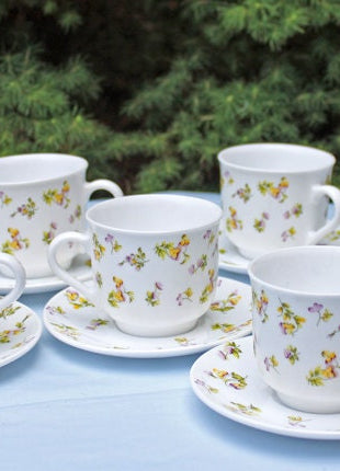 Tea Coffee Serving Set by Noritake, Elvira. 4 Porcelain Cups & Saucers, 4 Square Dessert Salad Plates. Hosting Essentials. Dining Room Decor