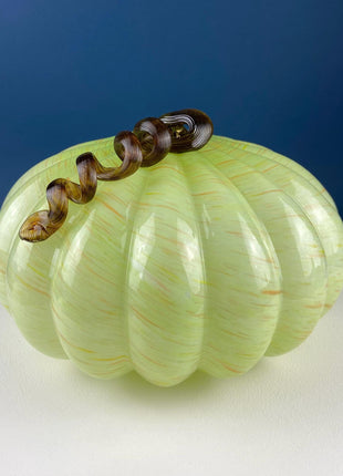 Large Hand Blown Glass Pumpkin. Stunning Lime Yellow Glass Gourd with Brown Stem. Collectible Home Decor for Fall, Halloween, Thanksgiving.