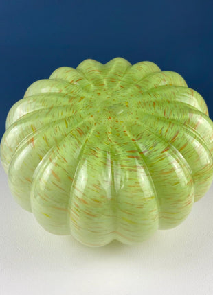 Large Hand Blown Glass Pumpkin. Stunning Lime Yellow Glass Gourd with Brown Stem. Collectible Home Decor for Fall, Halloween, Thanksgiving.