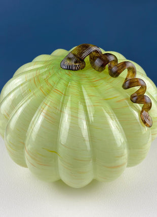 Large Hand Blown Glass Pumpkin. Stunning Lime Yellow Glass Gourd with Brown Stem. Collectible Home Decor for Fall, Halloween, Thanksgiving.