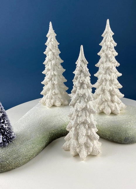 Large 11" Tall Pine Tree Covered in Snow and Glitter. Magical Christmas Village Accessory. Large Spruce. Holiday Decor. Table Display.