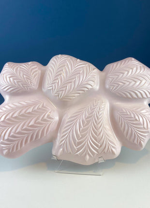 Vintage Shell Pink Jeanette Milk Glass Divided Serving Platter. Stunning 3-d Feather Motif. 6 Section Bowl. Appetizers Condiments Fruit.