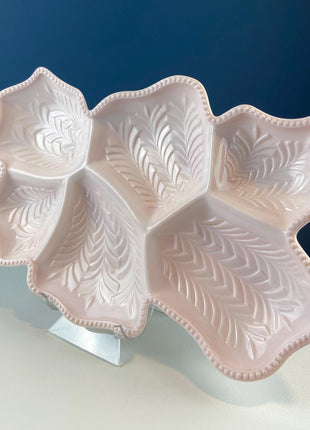 Vintage Shell Pink Jeanette Milk Glass Divided Serving Platter. Stunning 3-d Feather Motif. 6 Section Bowl. Appetizers Condiments Fruit.