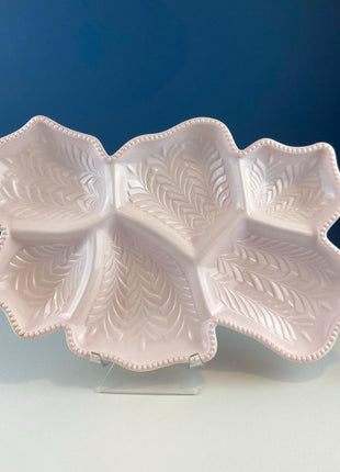 Vintage Shell Pink Jeanette Milk Glass Divided Serving Platter. Stunning 3-d Feather Motif. 6 Section Bowl. Appetizers Condiments Fruit.