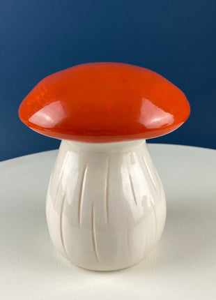 Ceramic Orange & White Whimsical Mushroom Statuette. Seasonal Dining Room Table Decor. Kids Room. Fall Halloween Thanksgiving Celebration.