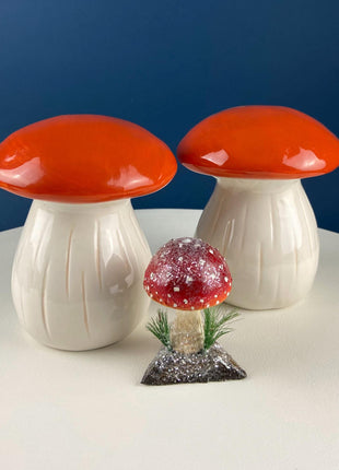 Ceramic Orange & White Whimsical Mushroom Statuette. Seasonal Dining Room Table Decor. Kids Room. Fall Halloween Thanksgiving Celebration.