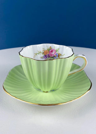 Vintage Foley Tea Cup & Saucer: Mint Green Floral Fine Bone China with Elegant Fluting