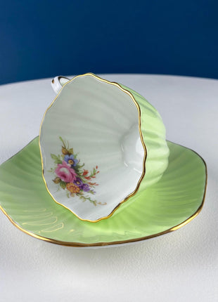 Vintage Foley Tea Cup & Saucer: Mint Green Floral Fine Bone China with Elegant Fluting
