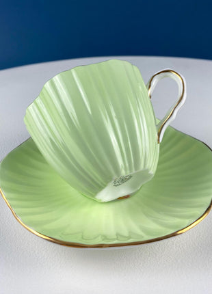 Vintage Foley Tea Cup & Saucer: Mint Green Floral Fine Bone China with Elegant Fluting