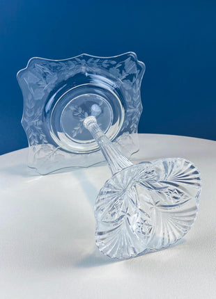 Vintage Etched Glass Compote with Gold Rim. Delicate Leaf Design. Footed Serving Dish for Candy, Cupcakes, Nuts, or Fruit. Dining Room Decor