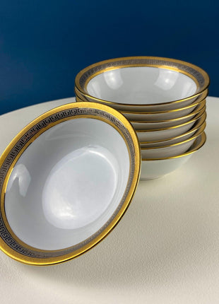 Stunning White Gold & Platinum Dish Set with Greek Motif. 11 Dinner, 12 Salad, 11 Soup Plates, 8 Berry Bowls. Vintage Sheng Xing Porcelain.