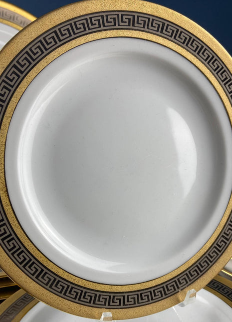 Stunning White Gold & Platinum 7.75" Salad Plates with Greek Motifs. Set of Nine. Vintage Sheng Xing Porcelain. Dining Room Decor.