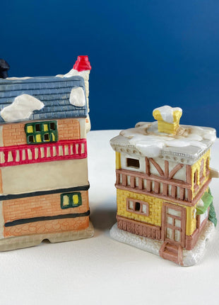 Village Collection of Small Christmas Illuminated Houses. Set of 4 Different Buildings: Inn, Hardware, Public House and Victorian House.