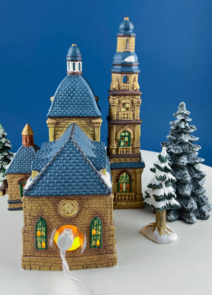 Illuminated Porcelain Christmas Village House.Grand Cathedral Church. Limited Edition. O'Well 2000. Night Light. Home or Retail Display.