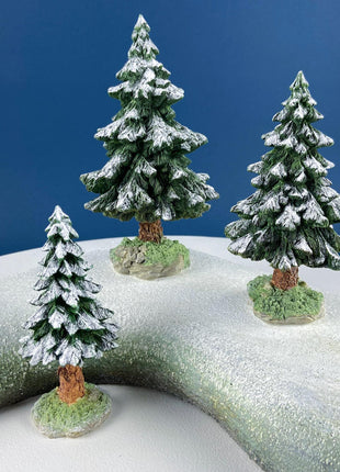 Snowy Scotch Pines by Dept. 56. Beautifully Detailed Snow Covered Trees for Christmas Village. Holiday Home or Retail Display. Set of 3.