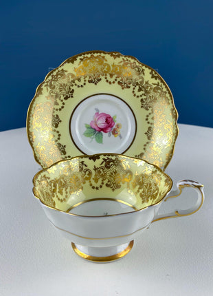 Vintage Paragon Yellow Tea Coffee Cup & Saucer. Red Rose Motif and Gold Floral Border. Collectible Dining Room Decor. Gift for Him Her.