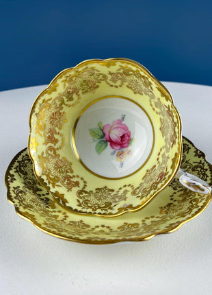 Vintage Paragon Yellow Tea Coffee Cup & Saucer. Red Rose Motif and Gold Floral Border. Collectible Dining Room Decor. Gift for Him Her.