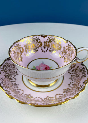 Vintage Paragon Pink Tea Coffee Cup & Saucer. Red Rose Motif and Gold Floral Border. Collectible Dining Room Decor. Gift for Him or Her.