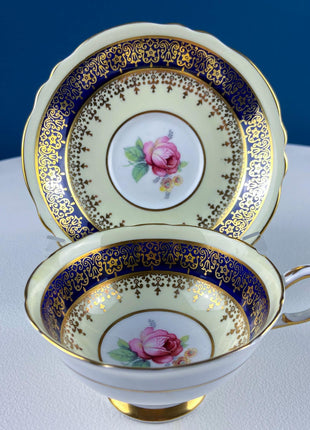 Vintage Paragon Cup and Saucer. Porcelain Tea Set. Lt Yellow with Dark Blue and Gold Bend. Rose Motif. Excellent Gift Idea for Tea Lover.